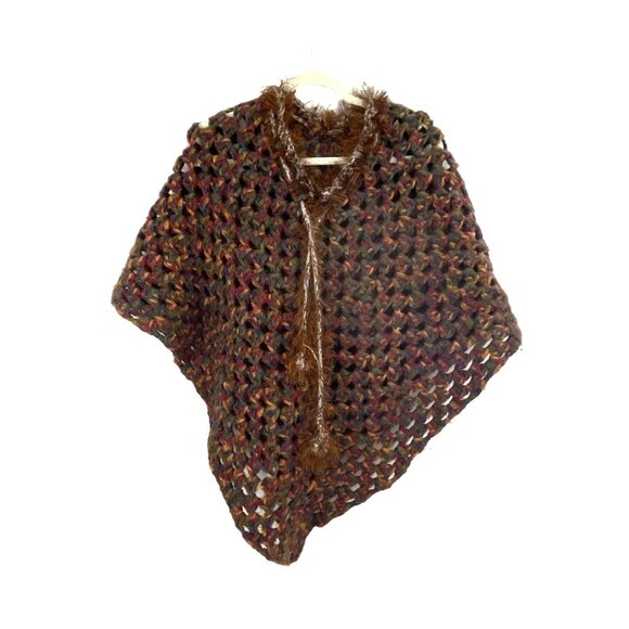 Handmade Multicolor Crochet Poncho With Faux Fur Trim - Picture 2 of 5